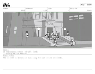 Scene
0010
Duration
02:08
Panel
2
Duration
01:05
Dialog
28 COMMISSIONER GORDON (PRE-LAP) (CONT)
...-xactly is this shooter...