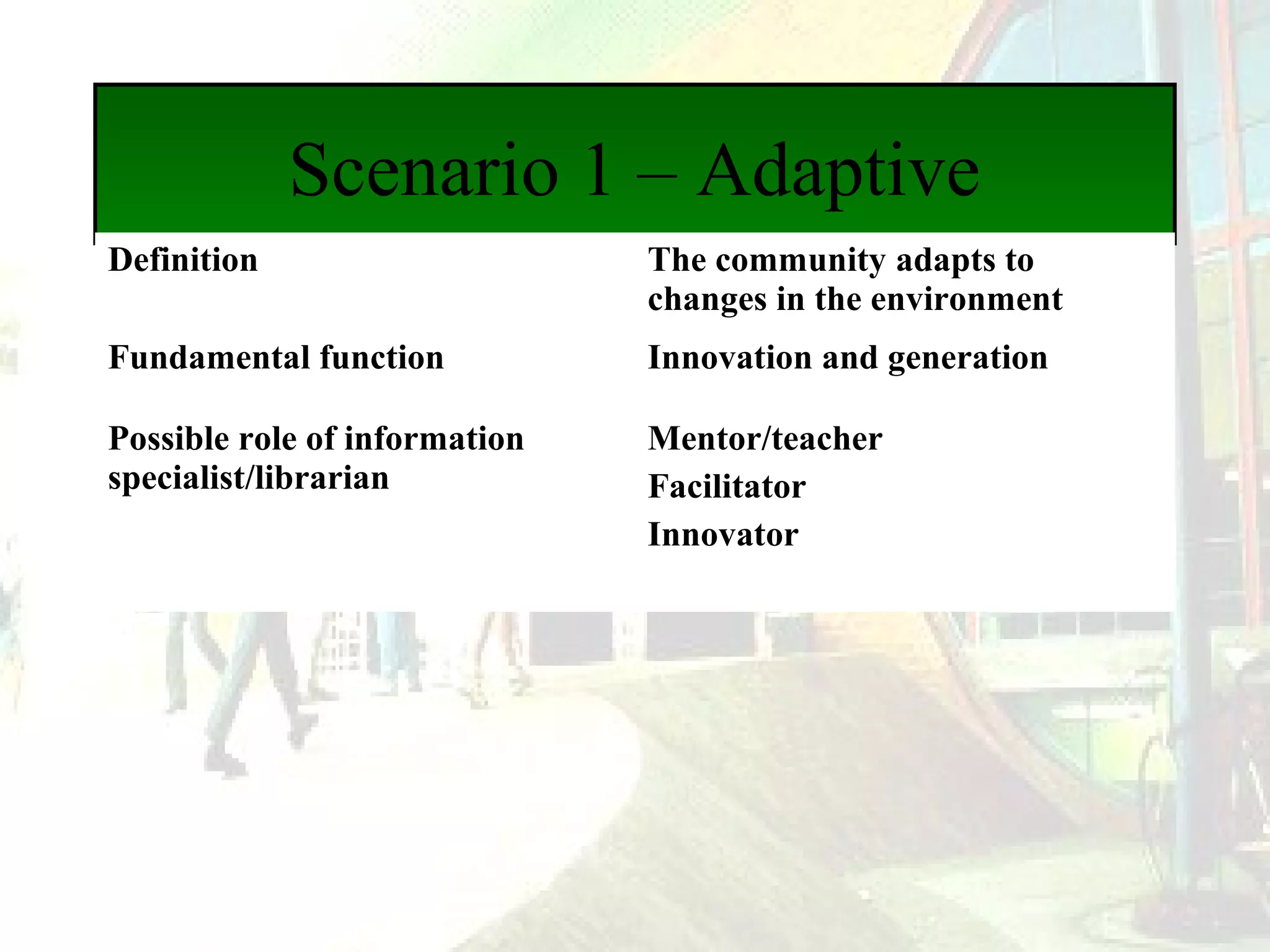 Scenario 1 – Adaptive
Definition

The community adapts to
changes in the environment

Fundamental function

Innovation and generation

Possible role of information
specialist/librarian
 

Mentor/teacher
Facilitator
Innovator

 