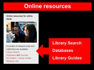 Online resources
Library Search
Databases
Library Guides
 