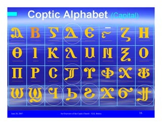 Characteristics of the Coptic Church
    • Coptic Language/Alphabets




June 20, 2007            An Overview of the Coptic Church – K.K. Botros   16
 