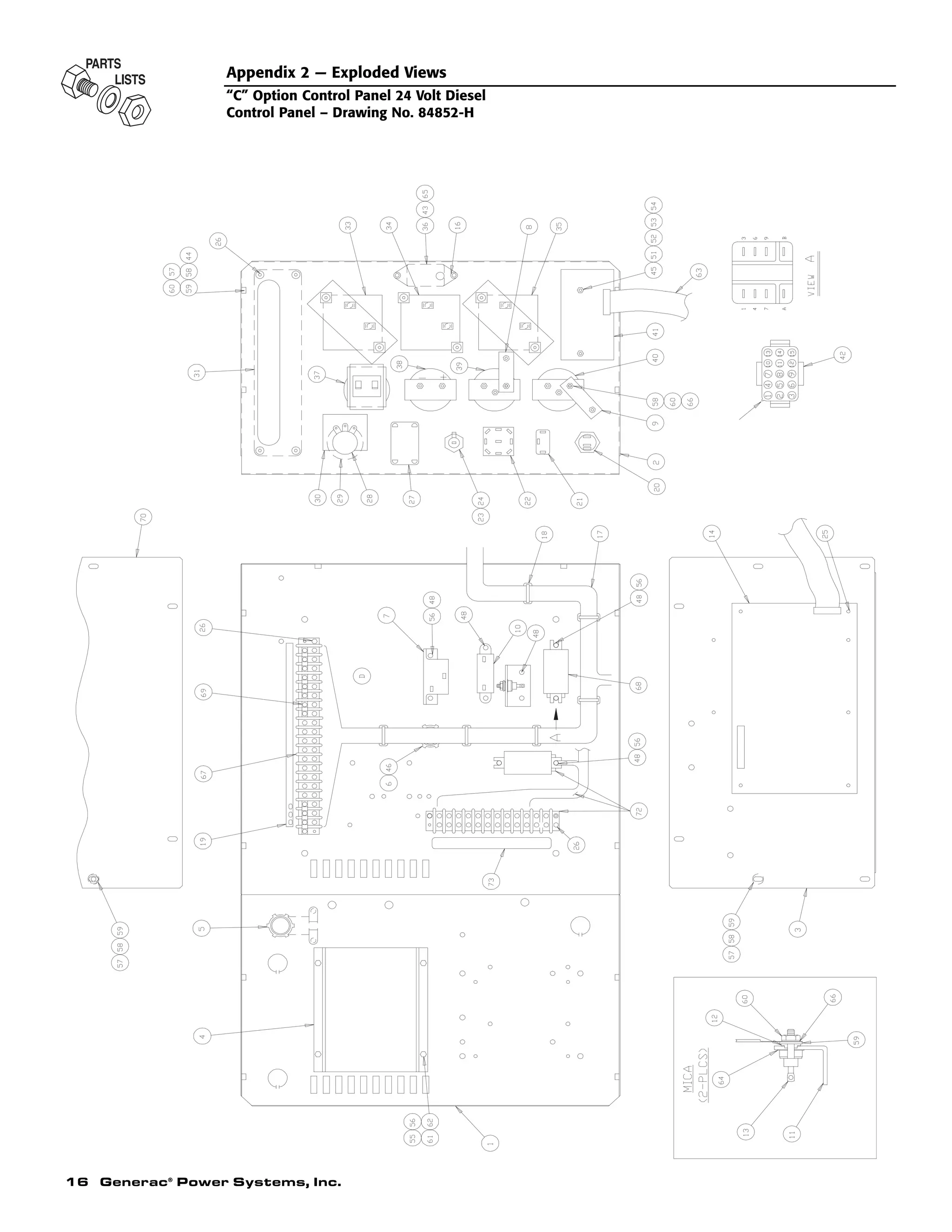 16 Generac®
Power Systems, Inc.
Appendix 2 — Exploded Views
“C” Option Control Panel 24 Volt Diesel
Control Panel – Drawing No. 84852-H
 