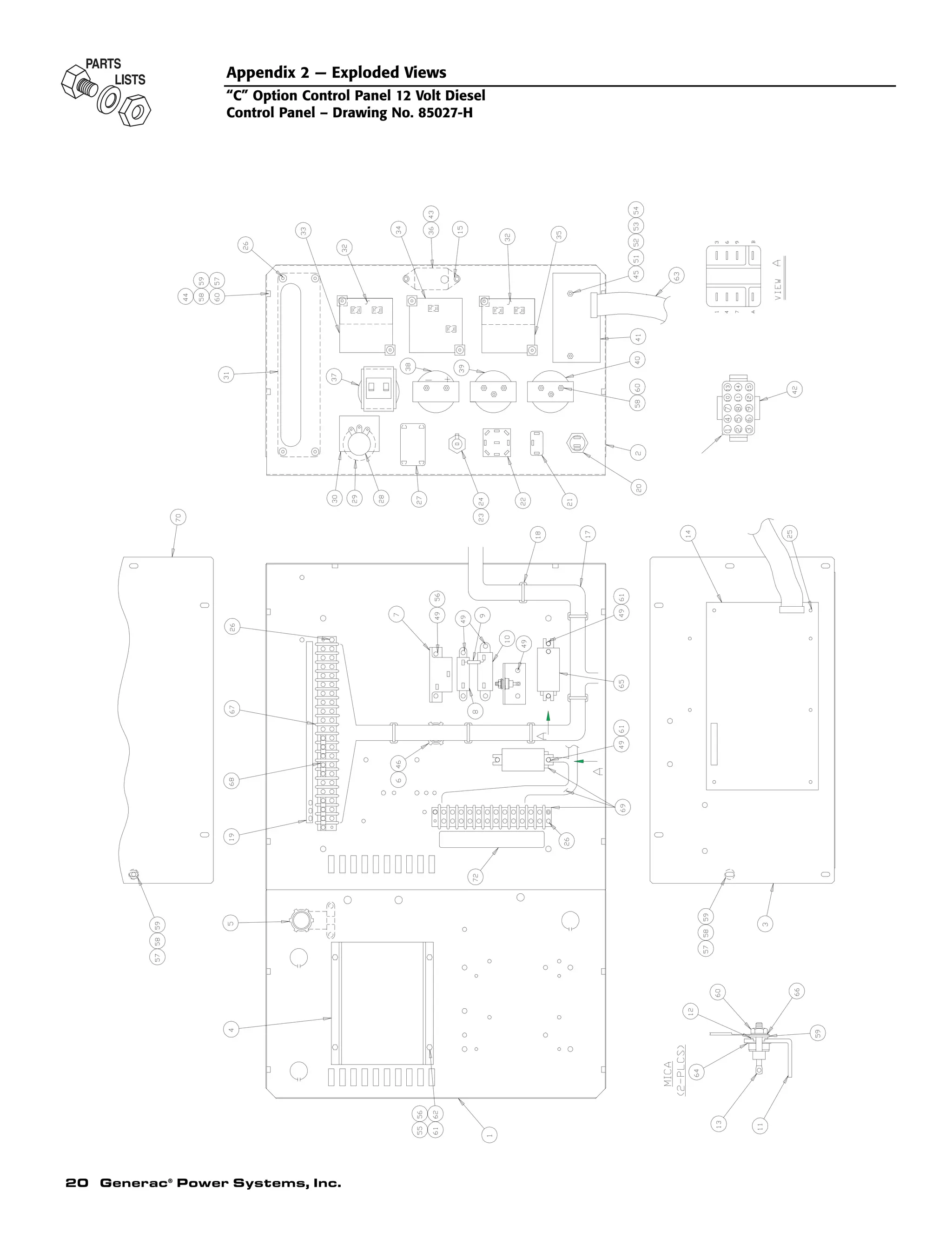 20 Generac®
Power Systems, Inc.
Appendix 2 — Exploded Views
“C” Option Control Panel 12 Volt Diesel
Control Panel – Drawing No. 85027-H
 