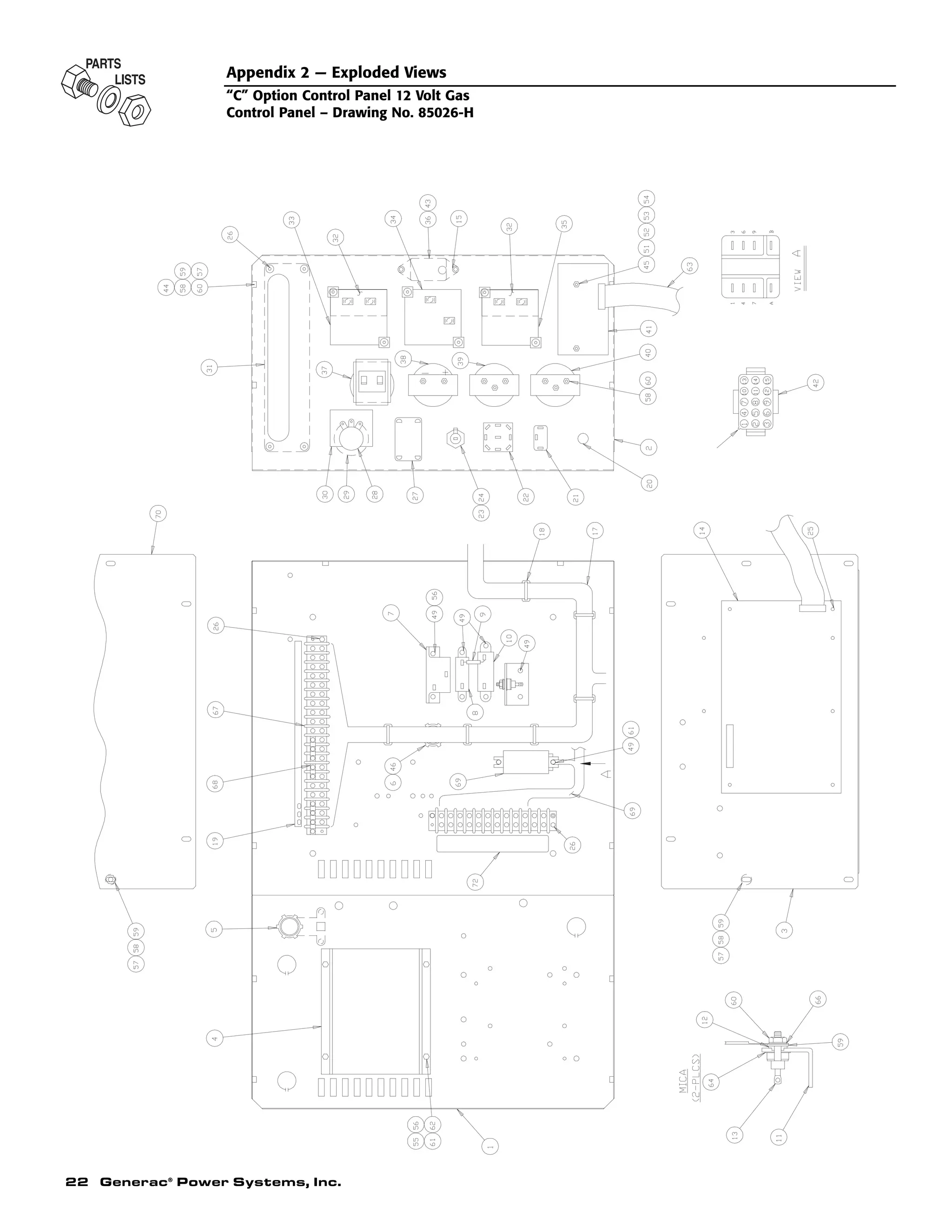 22 Generac®
Power Systems, Inc.
Appendix 2 — Exploded Views
“C” Option Control Panel 12 Volt Gas
Control Panel – Drawing No. 85026-H
 