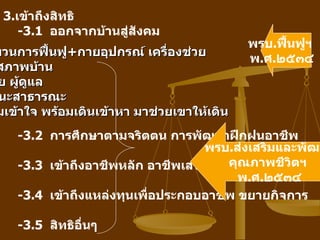 3.เข้าถึงสิทธิ
    -3.1 ออกจากบ้านสู่สังคม
                                           พรบ.ฟื้นฟูฯ
บวนการฟื้นฟู+กายอุปกรณ์ เครื่องช่วย
                                           พ.ศ.๒๕๓๔
สภาพบ้าน
ย ผู้ดแล
      ู
 นะสาธารณะ
มเข้าใจ พร้อมเดินเข้าหา มาช่วยเขาให้เดิน
    -3.2 การศึกษาตามจริตตน การพัฒนาฝึกฝนอาชีพ
                                    พรบ.ส่งเสริมและพัฒน
    -3.3 เข้าถึงอาชีพหลัก อาชีพเสริม   คุณภาพชีวิตฯ
                                         พ.ศ.๒๕๓๔
    -3.4 เข้าถึงแหล่งทุนเพื่อประกอบอาชีพ ขยายกิจการ

    -3.5 สิทธิอนๆ
               ื่
 