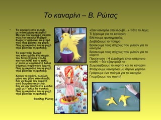 Το καναρίνι – Β. Ρώτας
• Το καναρίνι στο κλουβί
με πόση χάρη κελαηδεί!
Μα εγώ τον όμορφο σκοπό
πώς τον ακούω θλιβερό!
Χωρίς ν’ απλώνει τα φτερά
πού τήνε βρίσκει τη χαρά;
Πώς η μικρούλα του η ψυχή
τήνε βαστάει τη φυλακή;
Το κοριτσάκι ζωηρό
του κάνει χάδια ένα σωρό,
του δίνει ζάχαρη πολλή
και του λαλεί και το φιλεί,
μ’ αυτό με κομπιαστή λαλιά
σάμπως παράπονο αρχινά.
Πώς η μικρούλα του η ψυχή
τήνε βαστάει τη φυλακή;
Χρόνο το χρόνο, ολοζωή
μόνο του μέσα στο κλουβί;
Και να θωρεί τον ουρανό
από δωμάτιο σκοτεινό;
Και να μην παίζει στα κλαδιά
μαζί με τ’ άλλα τα πουλιά;
Πώς η μικρούλα του η ψυχή
τήνε βαστάει τη φυλακή;
Βασίλης Ρώτας
• «Σαν καναρίνι στο κλουβί…» πότε το λέμε;
• Τι ξέρουμε για το καναρίνι;
• Βλέπουμε φωτογραφίες
• Διαβάζουμε το ποίημα
• Βρίσκουμε τους στίχους που μιλούν για το
καναρίνι
• Βρίσκουμε τους στίχους που μιλούν για το
κορίτσι
• Προέκταση : Η ελευθερία είναι υπέρτατο
αγαθό – δεν εξαγοράζεται
• Ζωγραφίζουμε το κορίτσι και το καναρίνι
• Φτιάχνουμε καναρίνια με κίτρινο χαρτόνι
• Γράφουμε ένα ποίημα για το καναρίνι
• Γνωρίζουμε τον ποιητή
 