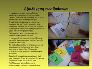 Αξιολόγηση των δράσεων
• Η χαρά και η αγωνία των παιδιών να
ανοίξουν τη βαλίτσα της ποίησης κάθε
Πέμπτη , αποτελεί την απόδειξη για το πόσο
απόλαυσαν αυτό το ποιητικό ταξίδι…
• Ο κάθε μαθητής έγραψε τα πρώτα του
ποιήματα και μαζί με τα ποιήματα που
διαβάσαμε, έφτιαξε την πρώτη του ποιητική
συλλογή που δέσαμε σε βιβλιαράκι για να τη
χαρεί και να ανατροφοδοτηθεί.
• Οι ζωγραφιές και οι κατασκευές των
παιδιών διακόσμησαν την τάξη.
• Η συντροφιά των ποιητών στην τάξη κάνει
τα παιδιά να αναφέρονται συχνά σ΄ αυτούς
με μεγάλη οικειότητα.
• Τα παιδιά δεν ήθελαν να σταματήσουμε να
μοιραζόμαστε ποιήματα γι΄ αυτό όταν
κλείσαμε το θέμα: Ζώα, ζήτησαν να
ασχοληθούμε με ποιήματα για δέντρα και
λουλούδια…
• Οι μαθητές συνεχίζουν και γράφουν δικά
τους ποιήματα δίχως να τους ζητηθεί, και τα
διαβάζουν στους συμμαθητές τους.
• Πολλές φορές τραγουδούν και τα
μελοποιημένα ποιήματα που ακούσαμε.
 