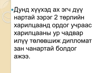 Дунд хүүхэд ах эгч дүү
нартай зэрэг 2 төрлийн
харилцаанд ордог учраас
харилцааны ур чадвар
илүү төлөвшиж дипломат
зан чанартай болдог
ажээ.
 