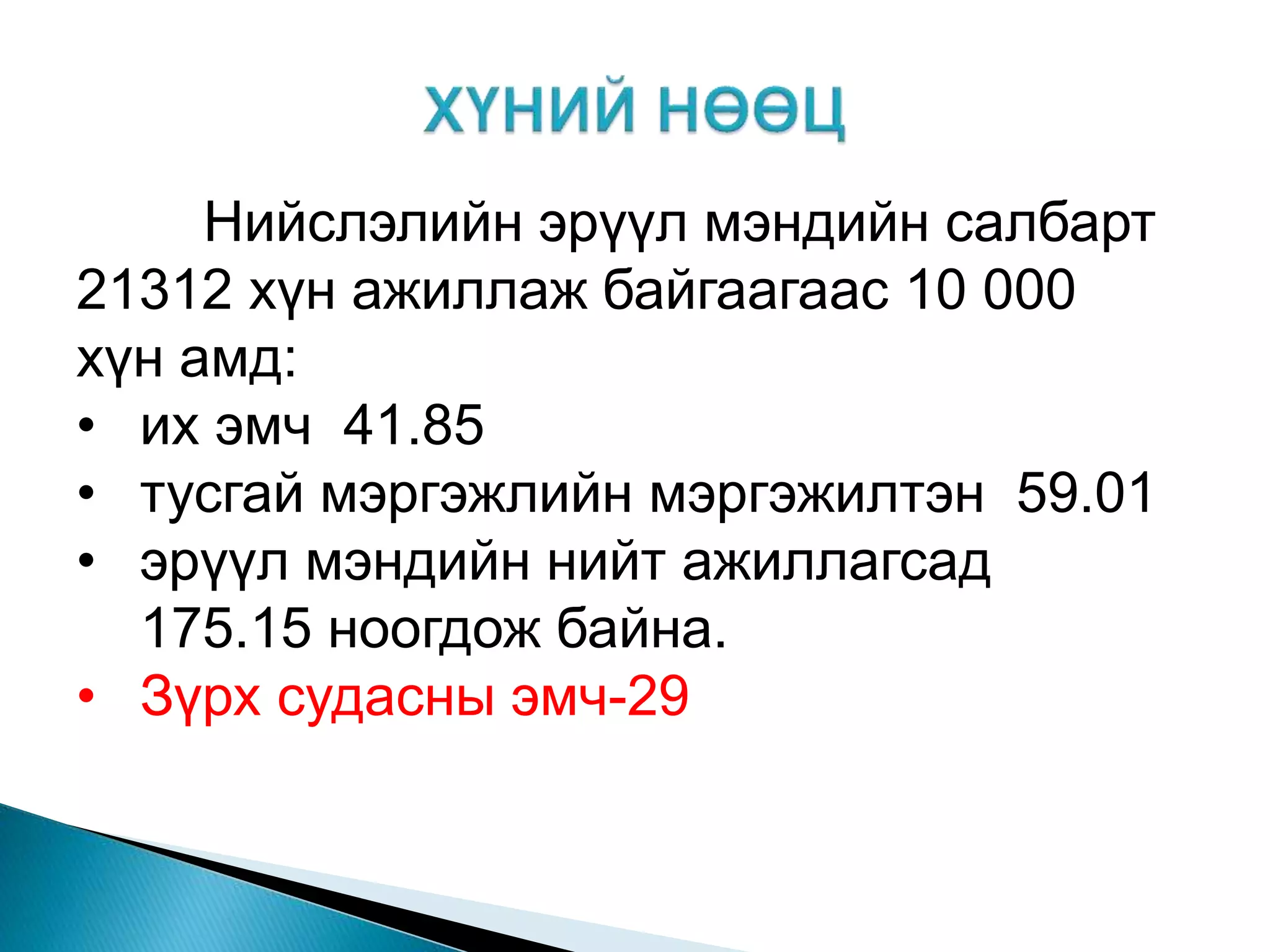Нийслэлийн эрүүл мэндийн салбарт
21312 хүн ажиллаж байгаагаас 10 000
хүн амд:
• их эмч 41.85
• тусгай мэргэжлийн мэргэжилтэн 59.01
• эрүүл мэндийн нийт ажиллагсад
175.15 ноогдож байна.
• Зүрх судасны эмч-29
 