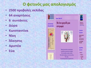 • 2500 προβολές σελίδας
• 64 αναρτήσεις
• 6 συντάκτες
• Δώρα
• Κωνσταντίνα
• Νίκη
• Άλκηστις
• Αριστέα
• Εύα
Ο φετινός μας απολογισμός
 