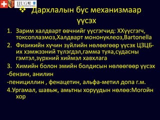  Дархлалын бус механизмаар
үүсэх
1. Зарим халдварт өвчнийг үүсгэгчид: ХХүүсгэгч,
токсоплазмоз,Халдварт мононуклеоз,Bartonella
2. Физикийн хүчин зүйлийн нөлөөгөөр үүсэх ЦЗЦБ-
их хэмжээний түлэгдэл,гамма туяа,судасны
гэмтэл,зүрхний хиймэл хавхлага
3. Химийн болон эмийн болдисын нөлөөгөөр үүсэх
-бензин, анилин
-пенициллин , фенацетин, альфа-метил допа г.м.
4.Ургамал, шавьж, амьтны хоруудын нөлөө:Могойн
хор
 