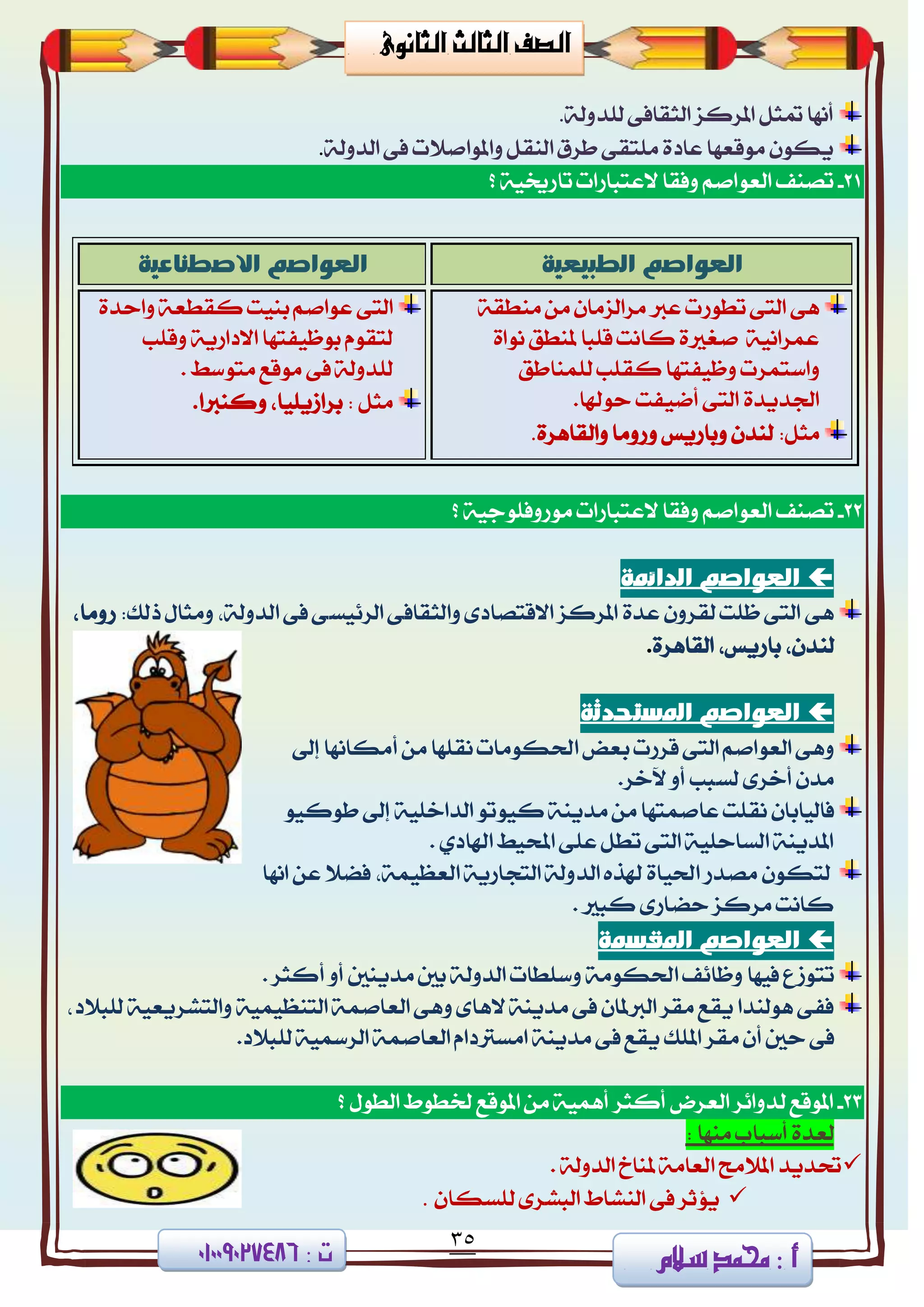 35
‫ا‬ ‫الصف‬‫لثا‬‫لث‬‫الثانوى‬
‫سالم‬ ‫حممد‬ 3 ‫أ‬3 ‫ت‬08002090010
١‫يًزٚي‬ ٢‫ايجكاف‬ ‫املضنظ‬ ٌ‫متج‬ ‫أْٗا‬.
١‫ايزٚي‬ ٢‫ف‬ ‫ٚاملٛافالت‬ ٌ‫ايٓك‬ ‫طضم‬ ٢‫ًَتك‬ ٠‫عار‬ ‫َٛقعٗا‬ ٕٛ‫ٜه‬.
21-‫؟‬ ١ٝ‫تاصغت‬ ‫العتباصات‬ ‫ٚفكا‬ ِ‫ايعٛاف‬ ‫تقٓف‬
‫الطبيعية‬ ‫العواصه‬‫االصطناعية‬ ‫العواصه‬
٢ٖ١‫َٓطك‬ َٔ ٕ‫َضايظَا‬ ‫عدل‬ ‫تطٛصت‬ ٢‫ايت‬
٠‫ْٛا‬ ‫ملٓطل‬ ‫قًبا‬ ‫ناْت‬ ٠‫فػرل‬ ١ْٝ‫عُضا‬
‫ٚاع‬‫يًُٓاطل‬ ‫نكًب‬ ‫ٚظٝفتٗا‬ ‫تُضت‬
‫سٛشلا‬ ‫أمٝفت‬ ٢‫ايت‬ ٠‫ادتزٜز‬.
:ٌ‫َج‬٠‫ٚايكاٖض‬ ‫ٚصَٚا‬ ‫ٚباصٜػ‬ ٕ‫يٓز‬.
٢‫ايت‬٠‫ٚاسز‬ ١‫نكطع‬ ‫بٓٝت‬ ِ‫عٛاف‬
‫ٚقًب‬ ١ٜ‫االراص‬ ‫بٛظٝفتٗا‬ ّٛ‫يتك‬
‫َتٛعط‬ ‫َٛقع‬ ٢‫ف‬ ١‫يًزٚي‬.
ٌ‫َج‬:‫ٚنٓدلا‬ ،‫بضاطًٜٝا‬.
22-‫العتباصات‬ ‫ٚفكا‬ ِ‫ايعٛاف‬ ‫تقٓف‬١ٝ‫َٛصٚفًٛد‬‫؟‬
‫العوا‬‫الدائنة‬ ‫صه‬
ٖ٢‫ايض٥ٝغ‬ ٢‫ٚايجكاف‬ ٣‫االقتقار‬ ‫املضنظ‬ ٠‫عز‬ ٕٚ‫يكض‬ ‫ظًت‬ ٢‫ايت‬:‫سيو‬ ٍ‫َٚجا‬ ،١‫ايزٚي‬ ٢‫ف‬ ٢،‫صَٚا‬
ٕ‫يٓز‬٠‫ايكاٖض‬ ،‫باصٜػ‬ ،.
‫العوا‬‫املستحدثة‬ ‫صه‬
ٖٚ٢‫ايعٛاف‬ِ‫ايت‬٢‫ق‬‫ضصت‬‫بع‬‫ض‬َٛ‫اذته‬‫إىل‬ ‫أَهاْٗا‬ َٔ ‫ْكًٗا‬ ‫ات‬
٣‫أخض‬ ٕ‫َز‬‫يغ‬.‫آلخض‬ ٚ‫أ‬ ‫بب‬
ٕ‫فايٝابا‬ٗ‫عافُت‬ ‫ْكًت‬‫إىل‬ ١ًٝ‫ايزاخ‬ ٛ‫نٝٛت‬ ١ٜٓ‫َز‬ َٔ ‫ا‬ٛٝ‫طٛن‬
ٟ‫اشلار‬ ‫احملٝط‬ ٢ً‫ع‬ ٌ‫تط‬ ٢‫ايت‬ ١ًٝ‫ايغاس‬ ١ٜٓ‫املز‬.
ٕٛ‫يته‬ٝ‫اذت‬ ‫َقزص‬،١ُٝ‫ايعع‬ ١ٜ‫ايتذاص‬ ١‫ايزٚي‬ ٙ‫شلش‬ ٠‫ا‬‫اْٗا‬ ٔ‫ع‬ ‫فنال‬
. ‫نبرل‬ ٣‫سناص‬ ‫َضنظ‬ ‫ناْت‬
‫العوا‬‫املقسنة‬ ‫صه‬
‫تت‬‫ٚعًطات‬ ١َٛ‫اذته‬ ‫ٚظا٥ف‬ ‫فٝٗا‬ ‫ٛطع‬‫ايزٚي‬. ‫أنجض‬ ٚ‫أ‬ ‫َزٜٓني‬ ‫بني‬ ١
‫الٖا‬ ١ٜٓ‫َز‬ ٢‫ف‬ ٕ‫ايدلملا‬ ‫َكض‬ ‫ٜكع‬ ‫ٖٛيٓزا‬ ٢‫فف‬١ٝ‫ٚايتؾضٜع‬ ١ُٝٝ‫ايتٓع‬ ١ُ‫ايعاف‬ ٢ٖٚ ٣‫يًبالر‬،
‫ف‬٢‫َك‬ ٕ‫أ‬ ‫سني‬١ٜٓ‫َز‬ ٢‫ف‬ ‫ٜكع‬ ‫املًو‬ ‫ض‬.‫يًبالر‬ ١ٝ‫ايضزل‬ ١ُ‫ايعاف‬ ّ‫اَغذلرا‬
23-‫؟‬ ٍٛ‫ايط‬ ‫رتطٛط‬ ‫املٛقع‬ َٔ ١ُٖٝ‫أ‬ ‫أنجض‬ ‫ايعضض‬ ‫يزٚا٥ض‬ ‫املٛقع‬
‫يعز‬: ‫َٓٗا‬ ‫أعباب‬ ٠
١‫ايزٚي‬ ‫ملٓاخ‬١َ‫ايعا‬ ‫املالَح‬ ‫حتزٜز‬.
ٕ‫يًغها‬ ٣‫ايبؾض‬ ‫ايٓؾاط‬ ٢‫ف‬ ‫ٜؤثض‬.
 