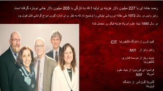 ‫با‬ ‫ای‬ ‫خانه‬ ‫رصد‬227‫اولیه‬ ‫ی‬ ‫هزینه‬ ‫دالر‬ ‫میلیون‬!‫با‬ ‫تازگی‬ ‫به‬ ‫که‬205‫است‬ ‫گرفته‬ ‫دوباره‬ ‫جانی‬ ‫دالر‬ ‫میلیون‬
‫سال‬ ‫در‬ ‫وایس‬ ‫راینر‬1972‫بود‬ ‫قبول‬ ‫قابل‬ ‫گرانشی‬ ‫امواج‬ ‫گیری‬ ‫اندازه‬ ‫برای‬ ‫نظر‬ ‫به‬ ‫که‬ ‫داد‬ ‫توضیح‬ ‫را‬ ‫اپتیکی‬ ‫روشی‬ ‫ای‬ ‫مقاله‬ ‫طی‬
‫سال‬ ‫در‬1990‫شد‬ ‫متحمل‬ ‫رو‬ ‫لیگو‬ ‫هزینه‬ ‫آمریکا‬ ‫علوم‬ ‫بنیاد‬!
‫کالیفورنی‬ ‫دانشگاه‬ ‫از‬ ‫ثورن‬ ‫کیپ‬‫ا‬
‫از‬ ‫وایز‬ ‫راینر‬
‫فناوری‬ ‫موسسه‬ ‫از‬ ‫ریتز‬ ‫دیوید‬
‫کالیفورنیا‬
‫علوم‬ ‫بنیاد‬ ‫از‬ ‫کوردووا‬ ‫ِی‬‫ا‬ ‫فرانسوا‬
‫آمریکا‬
‫دانشگاه‬ ‫از‬ ‫گونزالس‬ ‫گابریال‬
‫لویزیانا‬
MIT
CIT
NSF
 