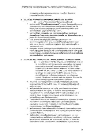 ΠΡΟΤΑΣΗ ΤΗΣ “ΚΟΙΝΩΝΙΑΣ ΑΞΙΩΝ” ΓΙΑ ΤΟ ΜΕΤΑΝΑΣΤΕΥΤΙΚΟ ΠΡΟΒΛΗΜΑ
15
συνεργασία με έμπειρους νομικούς που γνωρίζουν άριστα το
ευρωπαϊκό δικαιϊκό σύστημα.
β. ΣΚΕΛΟΣ 2ο: ΡΗΤΡΑ ΕΠΑΝΑΠΑΤΡΙΣΜΟΥ-ΔΙΑΧΩΡΙΣΜΟΣ-ΔΙΑΣΠΟΡΑ
(1) Αυτή η "Αποκατάσταση" θα πρέπει να ξεκινά:
 Από την απλή “Ρήτρα Επαναπατρισμού” η οποία θα αναγράφεται στα
χαρτιά προσωρινής παραμονής με ενυπόγραφη αποδοχή που θα
γνωρίζει σε όλους τους πρόσφυγες ότι θα επαναπατρισθούν όταν
αποκατασταθεί η ειρήνη στη πατρίδα τους.
 Με την πλήρη καταγραφή και επαναπατρισμό των παράνομα
διαμενόντων Πακιστανών, Αφγανών, Ιρανών, και άλλων εθνοτήτων οι
οποίοι δεν θεωρούνται πρόσφυγες.
 Είναι αναγκαίο ένα πρόγραμμα πλήρους διασποράς των
προσφύγων/μεταναστών αναλογικά σε όλες τις Ευρωπαϊκές χώρες
αλλά και σε όλη την επικράτεια της χώρας, ώστε να αποφευχθεί η
γκετοποίησή τους.
 Θα πρέπει να γίνει ξεκάθαρη Ευρωπαϊκή θέση όλων των κυβερνήσεων,
για την εφαρμογή ισονομίας για όλους τους κατοίκους σε κάθε χώρα,
χωρίς υποχωρήσεις στις πολιτισμικές και θρησκευτικές ιδιαιτερότητες
που παραβιάζουν τους νόμους.
γ. ΣΚΕΛΟΣ 3ο: ΝΕΟ ΣΥΡΙΑΚΟ ΚΡΑΤΟΣ - ΑΝΟΙΚΟΔΟΜΗΣΗ - -ΕΠΑΝΑΠΑΤΡΙΣΜΟΣ
(1) Το τρίτο σκέλος της "Στρατηγικής Αποκατάστασης” είναι και
το δυσκολότερο γιατί συγκρούονται μακροχρόνια παγιωμένα
και ισχυρά γεωπολιτικά συμφέροντα μεταξύ ΗΠΑ-ΡΩΣΙΑΣ-
ΙΣΡΑΗΛ-ΤΟΥΡΚΙΑΣ-ΠΟΛΩΜΕΝΟΥ ΑΡΑΒΙΚΟΥ ΚΟΣΜΟΥ- ΙΡΑΝ –
ΠΑΚΙΣΤΑΝ - Μ. ΒΡΕΤΑΝΙΑΣ-ΓΑΛΛΙΑΣ- ΕΕ, τα οποία καθιστούν το
πρόβλημα της ειρήνευσης στην ΣΥΡΙΑ αλλά και στην Μ.
Ανατολή ένα από τα δυσκολότερα σε όλη την ανθρώπινη
ιστορία. Πλην όμως η πολιτικά ορθή και ασφαλής θέση μας θα
πρέπει να περιλαμβάνει τις παρακάτω προτάσεις:
 Πρώτο και καλύτερο μέτρο η πολιτική διευθέτηση τους Συριακού
προβλήματος υπό του ΣΑ/ΟΗΕ και με συγκεκριμένο πλέον χρονικό
ορίζοντα έτους.
 Να διασφαλισθεί η περιοχή της Συρίας η οποία να αποτελέσει το
"Ελεύθερο Κράτος της Συρίας" το οποίο να απολαμβάνει την
νομιμοποίηση του καθεστώτος του από τη διεθνή κοινότητα και το
οποίο να βαίνει συνεχώς διευρυνόμενο, με την ολοκλήρωση της
απελευθέρωσης και άλλων περιοχών.
 Στην απελευθερωμένη και ασφαλή αυτή περιοχή να στραφούν οι πόροι
της διεθνούς κοινότητας και να ξεκινήσει η ανοικοδόμηση και
δημιουργία δομών, ώστε να αρχίσει το ταχύτερο δυνατό η έναρξη
επαναπατρισμού των Σύρων προσφύγων.
 Να διαμορφωθούν και να εγκαθιδρυθούν κοινά Ευρωπαϊκά κριτήρια
επαναπατρισμού των προσφύγων, στην περιοχή αυτή του Ελεύθερου
Συριακού Κράτους.
 Να ξεκινήσει η εκπαίδευση στελεχών για την στελέχωση του νέου
Συριακού κράτους, καθώς και η εκπαίδευση επιλεγμένων σωμάτων
αστυνόμευσης, ασφάλειας και στρατιωτικής ηγεσίας, τα οποία θα
οργανωθούν και θα εκπαιδευθούν κατάλληλα από τις Ευρωπαϊκές
 