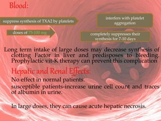 Blood:
Long term intake of large doses may decrease synthesis of
clotting Factor in liver and predisposes to bleeding.
Prophylactic vit-K therapy can prevent this complication
Hepatic and Renal Effects:
No effect in normal patients.
susceptible patients-increase urine cell count and traces
of albumin in urine.
In large doses, they can cause acute hepatic necrosis.
suppress synthesis of TXA2 by platelets
interfers with platelet
aggregation
doses of 75-100 mg completely suppresses their
synthesis for 7-10 days
 