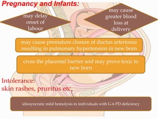 Pregnancy and Infants:
Intolerance:
skin rashes, pruritus etc.
may delay
onset of
labour
may cause
greater blood
loss at
delivery
may cause premature closure of ductus arteriosus
resulting in pulmonary hypertension in new born
cross the placental barrier and may prove toxic to
new born
idiosyncratic mild hemolysis in individuals with G-6 PD deficiency
 