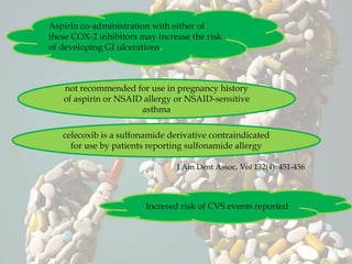 J Am Dent Assoc, Vol 132(4): 451-456
Aspirin co-administration with either of
these COX-2 inhibitors may increase the risk
of developing GI ulcerations.
not recommended for use in pregnancy history
of aspirin or NSAID allergy or NSAID-sensitive
asthma
celecoxib is a sulfonamide derivative contraindicated
for use by patients reporting sulfonamide allergy
Incresed risk of CVS events reported
 