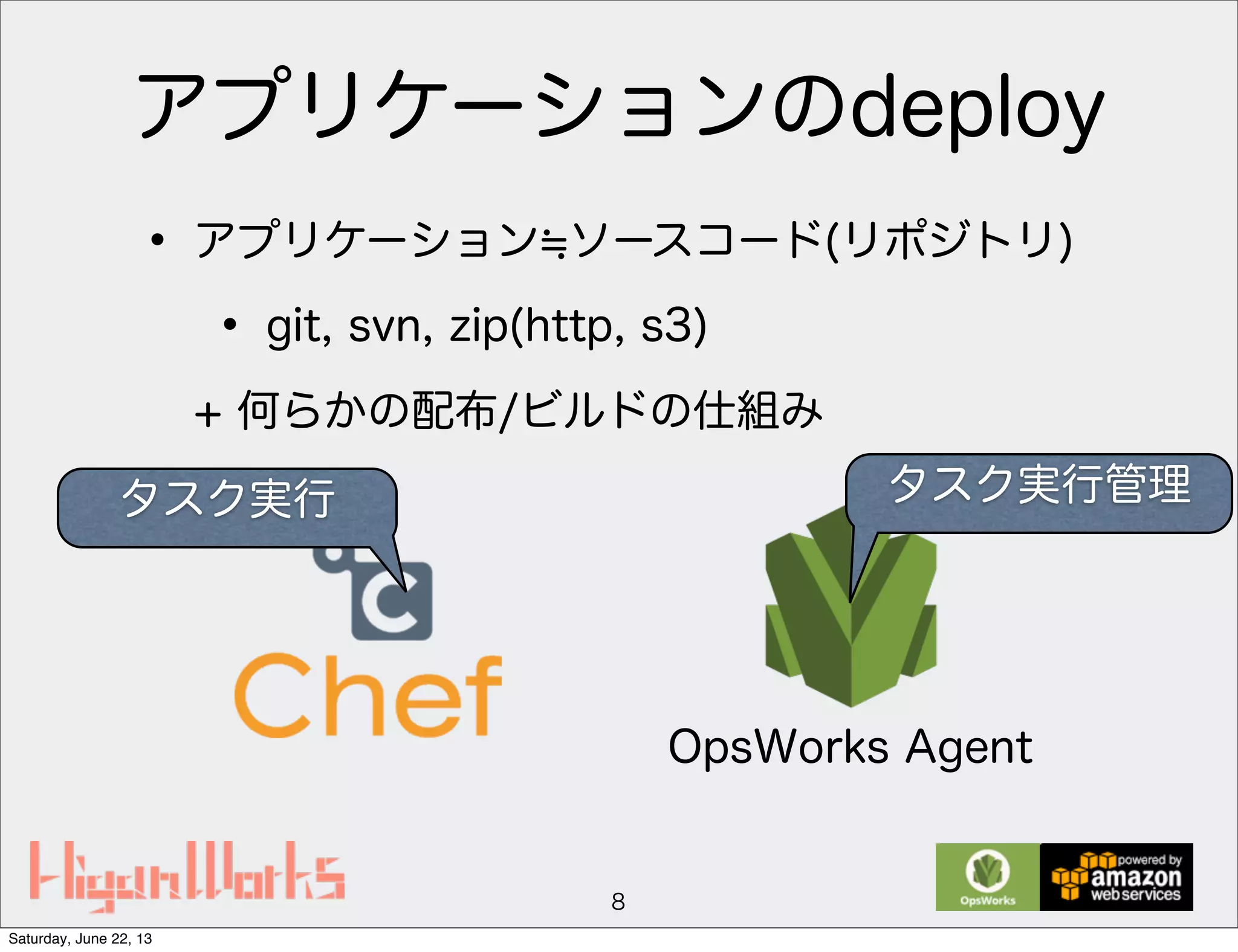 アプリケーションのdeploy
• アプリケーション ソースコード(リポジトリ)
• git, svn, zip(http, s3)
+ 何らかの配布/ビルドの仕組み
8
OpsWorks Agent
タスク実行 タスク実行管理
Saturday, June 22, 13
 