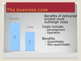 The business case
The business case
Benefits of delivered
project must
outweigh costs
Costs include:
- Development
- Operation
Benefits
- Quantifiable
- Non-quantifiable
18
£
£
Benefits
Costs
 