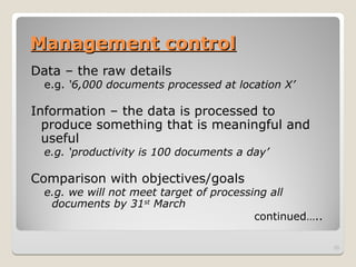 Management control
Management control
Data – the raw details
e.g. ‘6,000 documents processed at location X’
Information – the data is processed to
produce something that is meaningful and
useful
e.g. ‘productivity is 100 documents a day’
Comparison with objectives/goals
e.g. we will not meet target of processing all
documents by 31st
March
continued…..
20
 