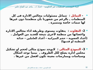 ‫عامر‬ ‫الفتاح‬ ‫عبد‬ ‫ماجد‬ . ‫د‬ / ‫اعداد‬ – ‫الحكومية‬ ‫غير‬ ‫للمنظمات‬ ‫المؤسسى‬ ‫البناء‬

-
‫التماثل‬
‫كل‬ ‫فى‬ ‫االدارة‬ ‫مجالس‬ ‫مسئوليات‬ ‫تتماثل‬ :
‫غيرها‬ ‫دون‬ ‫منظمتنا‬ ‫بأن‬ ‫شعورنا‬ ‫من‬ ‫بالرغم‬ , ‫المنظمات‬
. ‫ومتميزة‬ ‫خاصة‬ ‫سمات‬ ‫لها‬

2
-
‫التفاوت‬
‫االدارة‬ ‫مجالس‬ ‫اداء‬ ‫وطريقة‬ ‫مستوى‬ ‫يتفاوت‬ :
. ‫العوامل‬ ‫من‬ ‫للعديد‬ ‫نتيجة‬ ‫ألخرى‬ ‫منظمة‬ ‫من‬ ‫واعضائها‬
‫حداثة‬ – ‫العاملين‬ ‫أعداد‬ – ‫الميزانية‬ ‫حجم‬ – ‫العضوية‬ ‫(أعداد‬
)‫قدمها‬ ‫او‬ ‫المنظمة‬

3
-
‫المثالى‬ ‫النموذج‬
‫تشكيل‬ ‫او‬ ‫لحجم‬ ‫مثالى‬ ‫نموذج‬ ‫اليوجد‬ :
‫اشكال‬ ‫توجد‬ ‫بينما‬ , ‫الظروف‬ ‫لكل‬ ‫يصلح‬ ‫ادارة‬ ‫مجلس‬
. ‫غيرها‬ ‫من‬ ‫افضل‬ ‫تكون‬ ‫معينة‬ ‫وممارسات‬ ‫وسياسات‬
‫عامر‬ ‫الفتاح‬ ‫عبد‬ ‫ماجد‬ .‫د‬ ‫اعداد‬ - ‫المؤسسى‬ ‫البناء‬ 52
 