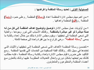 ‫عامر‬ ‫الفتاح‬ ‫عبد‬ ‫ماجد‬ .‫د‬ ‫اعداد‬ - ‫المؤسسى‬ ‫البناء‬ 55
‫االولى‬ ‫المسئولية‬
: ‫واغراضها‬ ‫المنظمة‬ ‫رسالة‬ ‫تحديد‬ :
•
‫اعداد‬ ‫المنظم)ة‬ ‫ادارة‬ ‫مجل)س‬ ‫مهام‬ ‫اه)م‬ ‫م)ن‬
(
‫الة‬ ‫رس‬
)
‫المنظم)ة‬
( ‫ضوء‬ ‫وعل)ى‬ ,
‫ة‬ ‫رؤي‬
)
(‫و‬ , ‫المنظمة‬
‫م‬ّ
‫ي‬‫ق‬
)
. ‫واهدافها‬ ‫المنظمة‬
•
‫االدارة‬ ‫مجل)س‬ ‫عم)ل‬ ‫أولويات‬ ‫م)ن‬
‫ه‬‫ل‬ ‫ن‬‫م‬ ‫ل‬‫ك‬ ‫ى‬‫إل‬ ‫ة‬‫المنظم‬ ‫اهداف‬ ‫ح‬‫وتوضي‬ ‫يل‬‫توص‬
‫بالمنظمة‬ ‫مباشرة‬ ‫غير‬ ‫أو‬ ‫مباشرة‬ ‫صلة‬
‫)ة‬‫ي‬‫والغا‬ ، ‫)ا‬‫ه‬‫وجود‬ ‫)برر‬‫ت‬ ‫)ي‬‫ت‬‫ال‬ ‫)باب‬‫س‬‫األ‬ ‫)ك‬‫ل‬‫وكذ‬ ,
‫)ا‬‫م‬ ‫)ة‬‫ب‬‫وكتا‬ ‫إعداد‬ ‫خالل‬ ‫)ن‬‫م‬ ‫)ك‬‫ل‬‫بذ‬ ‫االدارة‬ ‫)س‬‫ل‬‫مج‬ ‫ويقوم‬ ، ‫)ا‬‫ه‬‫تحقيق‬ ‫)ى‬‫ل‬‫إ‬ ‫)ة‬‫م‬‫المنظ‬ ‫)عى‬‫س‬‫ت‬ ‫)ي‬‫ت‬‫ال‬
" ‫يسمى‬
‫المنظمة‬ ‫رسالة‬
. ‫كاملة‬ ‫صفحة‬ ‫إلى‬ ‫واحدة‬ ‫فقرة‬ ‫بين‬ ‫ما‬ ‫تتراوح‬ ‫وهي‬ ، ”
•
‫)ي‬)‫الت‬ ‫واآلليات‬ ‫)ا‬)‫تحقيقه‬ ‫)ى‬)‫إل‬ ‫)ة‬)‫المنظم‬ ‫)عى‬)‫تس‬ ‫)ي‬)‫الت‬ ‫األهداف‬ ‫)ة‬)‫المنظم‬ ‫)الة‬)‫رس‬ ‫)ن‬)‫تتضم‬
‫)ة‬‫م‬‫المنظ‬ ‫)ا‬‫ه‬‫تقدم‬ ‫)ي‬‫ت‬‫ال‬ ‫الخدمات‬ ‫)ن‬‫م‬ ‫)تفيدة‬‫س‬‫الم‬ ‫)ة‬‫ئ‬‫الف‬ ‫)ك‬‫ل‬‫وكذ‬ , ‫)ك‬‫ل‬‫ذ‬ ‫)بيل‬‫س‬ ‫)ي‬‫ف‬ ‫)ا‬‫ه‬‫تعتمد‬
.
‫)ع‬‫م‬‫و‬
‫مطال)ب‬ ‫فإن)ه‬ ، ‫المنظم)ة‬ ‫رس)الة‬ ‫وكتاب)ة‬ ‫بإعداد‬ ‫االدارة‬ ‫مجل)س‬ ‫قيام‬ ‫ضرورة‬ ‫عل)ى‬ ‫التأكي)د‬
‫)ع‬)‫م‬ ‫بالتعاون‬ ‫)ك‬)‫وذل‬ ‫)ا‬)‫عليه‬ ‫)ة‬)‫المطلوب‬ ‫التعديالت‬ ‫وإدخال‬ ‫دوري‬ ‫)ل‬)‫بشك‬ ‫)ا‬)‫بمراجعته‬ ‫)ك‬)‫كذل‬
‫والمتعاونون‬ ‫والمتطوعون‬ ‫المنظمة‬ ‫أعضاء‬
.
 