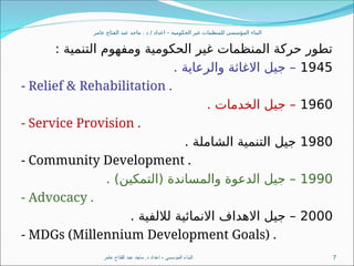 ‫عامر‬ ‫الفتاح‬ ‫عبد‬ ‫ماجد‬ . ‫د‬ / ‫اعداد‬ – ‫الحكومية‬ ‫غير‬ ‫للمنظمات‬ ‫المؤسسى‬ ‫البناء‬
: ‫التنمية‬ ‫ومفهوم‬ ‫الحكومية‬ ‫غير‬ ‫المنظمات‬ ‫حركة‬ ‫تطور‬
1945
. ‫والرعاية‬ ‫االغاثة‬ ‫جيل‬ –
- Relief & Rehabilitation .
1960
. ‫الخدمات‬ ‫جيل‬ –
- Service Provision .
1980
. ‫الشاملة‬ ‫التنمية‬ ‫جيل‬
- Community Development .
1990
. )‫(التمكين‬ ‫والمساندة‬ ‫الدعوة‬ ‫جيل‬ –
- Advocacy .
2000
. ‫لاللفية‬ ‫االنمائية‬ ‫االهداف‬ ‫جيل‬ –
- MDGs (Millennium Development Goals) .
‫عامر‬ ‫الفتاح‬ ‫عبد‬ ‫ماجد‬ .‫د‬ ‫اعداد‬ - ‫المؤسسى‬ ‫البناء‬ 7
 