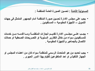 ‫عامر‬ ‫الفتاح‬ ‫عبد‬ ‫ماجد‬ .‫د‬ ‫اعداد‬ - ‫المؤسسى‬ ‫البناء‬ 78
‫الثامنة‬ ‫المسئولية‬
: ‫للمنظمة‬ ‫العامة‬ ‫الصورة‬ ‫تحسين‬ :
•
‫جهات‬ ‫فى‬ ‫المتمثل‬ ‫الجمهور‬ ‫أمام‬ ‫المنظمة‬ ‫صورة‬ ‫تحسين‬ ‫االدارة‬ ‫مجلس‬ ‫على‬ ‫يجب‬
. ‫المستفيدين‬ – ‫الحكومية‬ ‫األجهزة‬ – ‫التمويل‬
•
‫خدمات‬ ‫ن‬ ‫م‬ ‫ه‬ ‫قدم‬ ‫ا‬ ‫وم‬ ‫ة‬ ‫المنظم‬ ‫انجازات‬ ‫م‬ ‫تقدي‬ ‫االدارة‬ ‫س‬ ‫مجل‬ ‫ى‬ ‫عل‬ ‫ب‬ ‫يج‬
‫حمالت‬ ‫او‬ ‫الصحفية‬ ‫التصريحات‬ ‫او‬ ‫السنوية‬ ‫التقارير‬ ‫خالل‬ ‫من‬ ‫سواء‬ ‫للمستفيدين‬
. ‫الحكومية‬ ‫واالجهزة‬ ‫بالجماهير‬ ‫االتصال‬
•
‫او‬ ‫المجلس‬ ‫اعضاء‬ ‫من‬ ‫كان‬ ‫سواء‬ ‫للمنظمة‬ ‫الرسمى‬ ‫المتحدث‬ ‫هو‬ ‫من‬ ‫تحديد‬ ‫يجب‬
. ‫الحيوى‬ ‫الدور‬ ‫بهذا‬ ‫للقيام‬ ‫المتطوعين‬ ‫احد‬ ‫او‬ ‫التنفيذى‬ ‫الجهاز‬
 