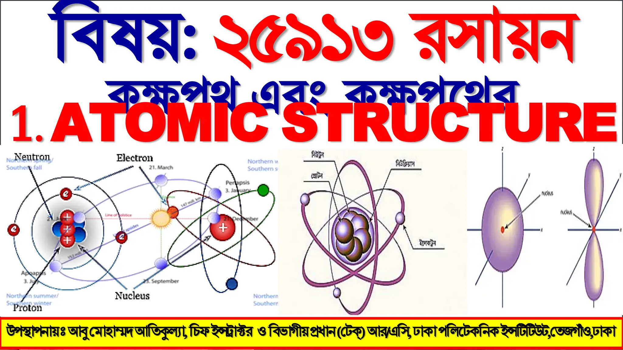 বফলয়: ২৫৯১৩ য঳ায়ন
কক্ষ঩থ এফং কক্ষ঩থথয
1.ATOMIC STRUCTURE
উ঩স্থা঩নায়ঃআবুমভা঴াম্মদআতিকুল্যা,তিপইন্সট্রাক্টয ওতফবাগীয়প্রধান(মেক্)আয/এত঳,ঢাকা঩তরটেকতনকইন্সটিটিউে,মিজগাঁও,ঢাকা
 