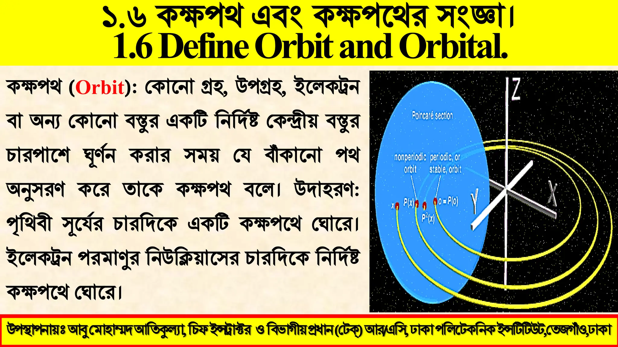১.৬ কক্ষ঩থ এফং কক্ষ঩থথয ঳ংজ্ঞা।
1.6DefineOrbitandOrbital.
উ঩স্থা঩নায়ঃ আবু মভা঴াম্মদ আতিকুল্যা, ইন্সট্রাক্টয (মেক্) আয/এত঳, ঢাকা ঩তরটেকতনক ইন্সটিটিউে,মিজগাঁও,ঢাকা
উ঩স্থা঩নায়ঃআবুমভা঴াম্মদআতিকুল্যা,তিপইন্সট্রাক্টয ওতফবাগীয়প্রধান(মেক্)আয/এত঳,ঢাকা঩তরটেকতনকইন্সটিটিউে,মিজগাঁও,ঢাকা
কক্ষ঩থ (Orbit): মকাথনা গ্র঴, উ঩গ্র঴, ইথরকট্রন
ফা অন্য মকাথনা ফস্তুয একটি বনবদজষ্ট মকন্দ্রীয় ফস্তুয
চায঩াথ঱ ঘূর্ জন কযায ঳ভয় মম ফাঁকাথনা ঩থ
অনু঳যর্ কথয িাথক কক্ষ঩থ ফথর। উদা঴যর্:
পৃবথফী সূথমজয চাযবদথক একটি কক্ষ঩থথ মঘাথয।
ইথরকট্রন ঩যভাণুয বনউবিয়াথ঳য চাযবদথক বনবদজষ্ট
কক্ষ঩থথ মঘাথয।
 