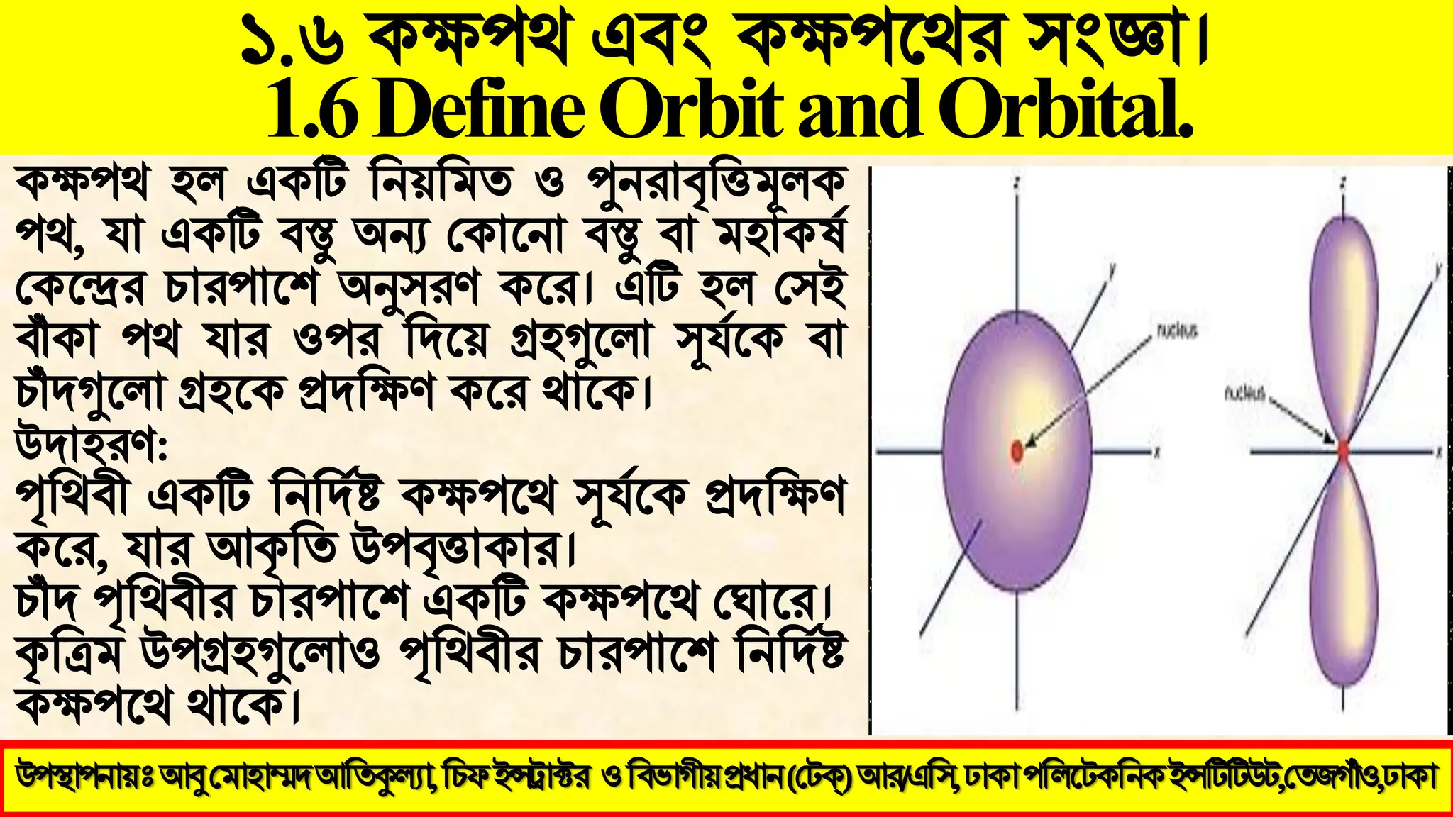 ১.৬ কক্ষ঩থ এফং কক্ষ঩থথয ঳ংজ্ঞা।
1.6DefineOrbitandOrbital.
উ঩স্থা঩নায়ঃ আবু মভা঴াম্মদ আতিকুল্যা, ইন্সট্রাক্টয (মেক্) আয/এত঳, ঢাকা ঩তরটেকতনক ইন্সটিটিউে,মিজগাঁও,ঢাকা
উ঩স্থা঩নায়ঃআবুমভা঴াম্মদআতিকুল্যা,তিপইন্সট্রাক্টয ওতফবাগীয়প্রধান(মেক্)আয/এত঳,ঢাকা঩তরটেকতনকইন্সটিটিউে,মিজগাঁও,ঢাকা
কক্ষ঩থ ঴র একটি বনয়বভি ও পুনযাবৃবিমূরক
঩থ, মা একটি ফস্তু অন্য মকাথনা ফস্তু ফা ভ঴াকলজ
মকথন্দ্রয চায঩াথ঱ অনু঳যর্ কথয। এটি ঴র ম঳ই
ফাঁকা ঩থ মায ও঩য বদথয় গ্র঴গুথরা সূমজথক ফা
চাঁদগুথরা গ্র঴থক প্রদবক্ষর্ কথয থাথক।
উদা঴যর্:
পৃবথফী একটি বনবদ জষ্ট কক্ষ঩থথ সূমজথক প্রদবক্ষর্
কথয, মায আকৃবি উ঩বৃিাকায।
চাঁদ পৃবথফীয চায঩াথ঱ একটি কক্ষ঩থথ মঘাথয।
কৃবিভ উ঩গ্র঴গুথরাও পৃবথফীয চায঩াথ঱ বনবদ জষ্ট
কক্ষ঩থথ থাথক।
 