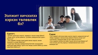 Ээлжит хичээлээ
хэрхэн төлөвлөх
бэ?
Сургагч:
• Ангийн сурагчдын мэдлэг, чадварын түвшин ямар байна?
• Ямар нэгэн тусгай дэмжлэг, тусламж шаардлагатай сурагч
байна уу?
• Энэ сэдвийн талаар сурагчдийн өмнөх мэдлэг, өмнөх
төсөөлөл нь ямар байна вэ?
• Сурагчдыг бүлгээр хуваарилахад бүлгийн хүүхдүүдийн
харилцаа ямар байна, сурга лтын явцад тусалж байна уу эсвэл
саад болж байна уу?
Сэдэв:
• Энэ сэдвийг ойлгоход ямар үндсэн мэдлэг шаардлагатай вэ?
• Ямар чадварыг хөгжүүлэхэд дэмжлэг болох хичээл вэ?
• Хичээлээс тодорхой ямар үр дүн гарах ёстой вэ?
• Энэ сэдвийн холбоотой ямар ташаа ойлголтууд байдаг вэ?
• Энэ хичээл жил ба улирлын төлөвлөгөөний аль хэсэгт
хамаарах вэ?
 