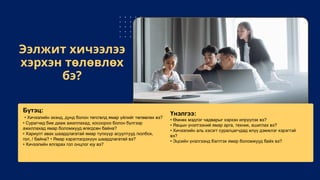 Ээлжит хичээлээ
хэрхэн төлөвлөх
бэ?
Бүтэц:
• Хичээлийн эхэнд, дунд болон төгсгөлд ямар үйлийг төлөвлөх вэ?
• Сурагчид бие дааж ажиллахад, хосоороо болон бүлгээр
ажиллахад ямар боломжууд өгөгдсөн байна?
• Хариулт авах шаардлагатай ямар түлхүүр асуултууд /холбох,
гол, / байна? • Ямар хэрэглэгдэхүүн шаардлагатай вэ?
• Хичээлийн ялгарах гол онцлог юу вэ?
Үнэлгээ:
• Өмнөх мэдлэг чадварыг хэрхэн илрүүлэх вэ?
• Явцын үнэлгээний ямар арга, техник, ашиглах вэ?
• Хичээлийн аль хэсэгт суралцагчдад илүү дэмжлэг хэрэгтэй
вэ?
• Эцсийн үнэлгээнд бэлтгэх ямар боломжууд байх вэ?
 