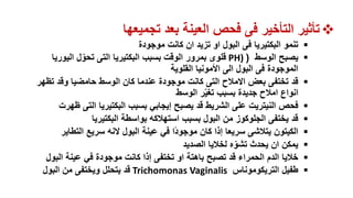 
‫تجميعها‬ ‫بعد‬ ‫العينة‬ ‫فحص‬ ‫فى‬ ‫التأخير‬ ‫تأثير‬

‫تنمو‬
‫موجودة‬ ‫كانت‬ ‫ان‬ ‫تزيد‬ ‫او‬ ‫البول‬ ‫فى‬ ‫البكتيريا‬

‫يصبح‬
‫الوسط‬
(
PH)
‫اليوريا‬ ‫ل‬ّ‫تحو‬ ‫التى‬ ‫البكتيريا‬ ‫بسبب‬ ‫الوقت‬ ‫بمرور‬ ‫قلوى‬
‫القلوية‬ ‫األمونيا‬ ‫الى‬ ‫البول‬ ‫فى‬ ‫الموجودة‬

‫قد‬
‫تظهر‬ ‫وقد‬ ‫حامضيا‬ ‫الوسط‬ ‫كان‬ ‫عندما‬ ‫موجودة‬ ‫كانت‬ ‫التى‬ ‫االمالح‬ ‫بعض‬ ‫تختفى‬
‫الوسط‬ ‫ر‬ّ‫ي‬‫تغ‬ ‫بسبب‬ ‫جديدة‬ ‫امالح‬ ‫انواع‬

‫فحص‬
‫ظه‬ ‫التى‬ ‫البكتيريا‬ ‫بسبب‬ ‫إيجابي‬ ‫يصبح‬ ‫قد‬ ‫الشريط‬ ‫على‬ ‫النيتريت‬
‫رت‬

‫قد‬
‫البكتيريا‬ ‫بواسطة‬ ‫استهالكه‬ ‫بسبب‬ ‫البول‬ ‫من‬ ‫الجلوكوز‬ ‫يختفى‬

‫الكيتون‬
‫التطاير‬ ‫سريع‬ ‫النه‬ ‫البول‬ ‫عينة‬ ‫في‬ ‫ًا‬‫د‬‫موجو‬ ‫كان‬ ‫إذا‬ ‫سريعا‬ ‫يتالشى‬

‫يمكن‬
‫الصديد‬ ‫لخاليا‬ ‫ه‬ّ‫تشو‬ ‫يحدث‬ ‫ان‬

‫خاليا‬
‫البول‬ ‫عينة‬ ‫في‬ ‫موجودة‬ ‫كانت‬ ‫إذا‬ ‫تختفى‬ ‫او‬ ‫باهتة‬ ‫تصبح‬ ‫قد‬ ‫الحمراء‬ ‫الدم‬

‫طفيل‬
‫التريكوموناس‬
Trichomonas Vaginalis
‫البول‬ ‫من‬ ‫ويختفى‬ ‫يتحلل‬ ‫قد‬
 