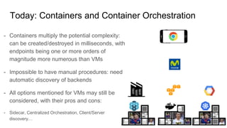 Today: Containers and Container Orchestration
- Containers multiply the potential complexity:
can be created/destroyed in milliseconds, with
endpoints being one or more orders of
magnitude more numerous than VMs
- Impossible to have manual procedures: need
automatic discovery of backends
- All options mentioned for VMs may still be
considered, with their pros and cons:
- Sidecar, Centralized Orchestration, Client/Server
discovery…
 