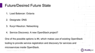 Copyright © PLUMgrid, Inc. 2011-2016
1. Load Balancer: Octavia
2. Designate: DNS
3. Kuryr+Neutron: Networking
4. Service Discovery: A new OpenStack project?
One of the possible options is #4, which makes use of existing OpenStack
tooling to provide service registration and discovery for services and
microservices inside OpenStack.
Future/Desired Future State
 