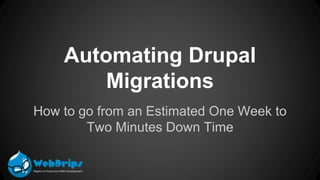 Automating Drupal
Migrations
How to go from an Estimated One Week to
Two Minutes Down Time
 