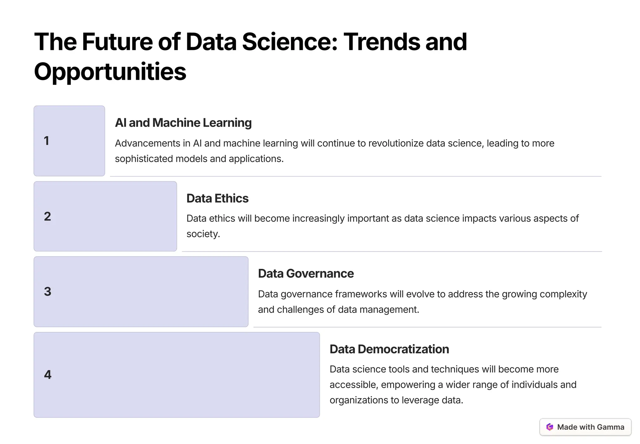 TheFutureofDataScience: Trendsand
Opportunities
1
AIandMachineLearning
Advancements in AI and machine learning will continue to revolutionize data science, leading to more
sophisticated models and applications.
2
DataEthics
Data ethics will become increasingly important as data science impacts various aspects of
society.
3
DataGovernance
Data governance frameworks will evolve to address the growing complexity
and challenges of data management.
4
DataDemocratization
Data science tools and techniques will become more
accessible, empowering a wider range of individuals and
organizations to leverage data.
 