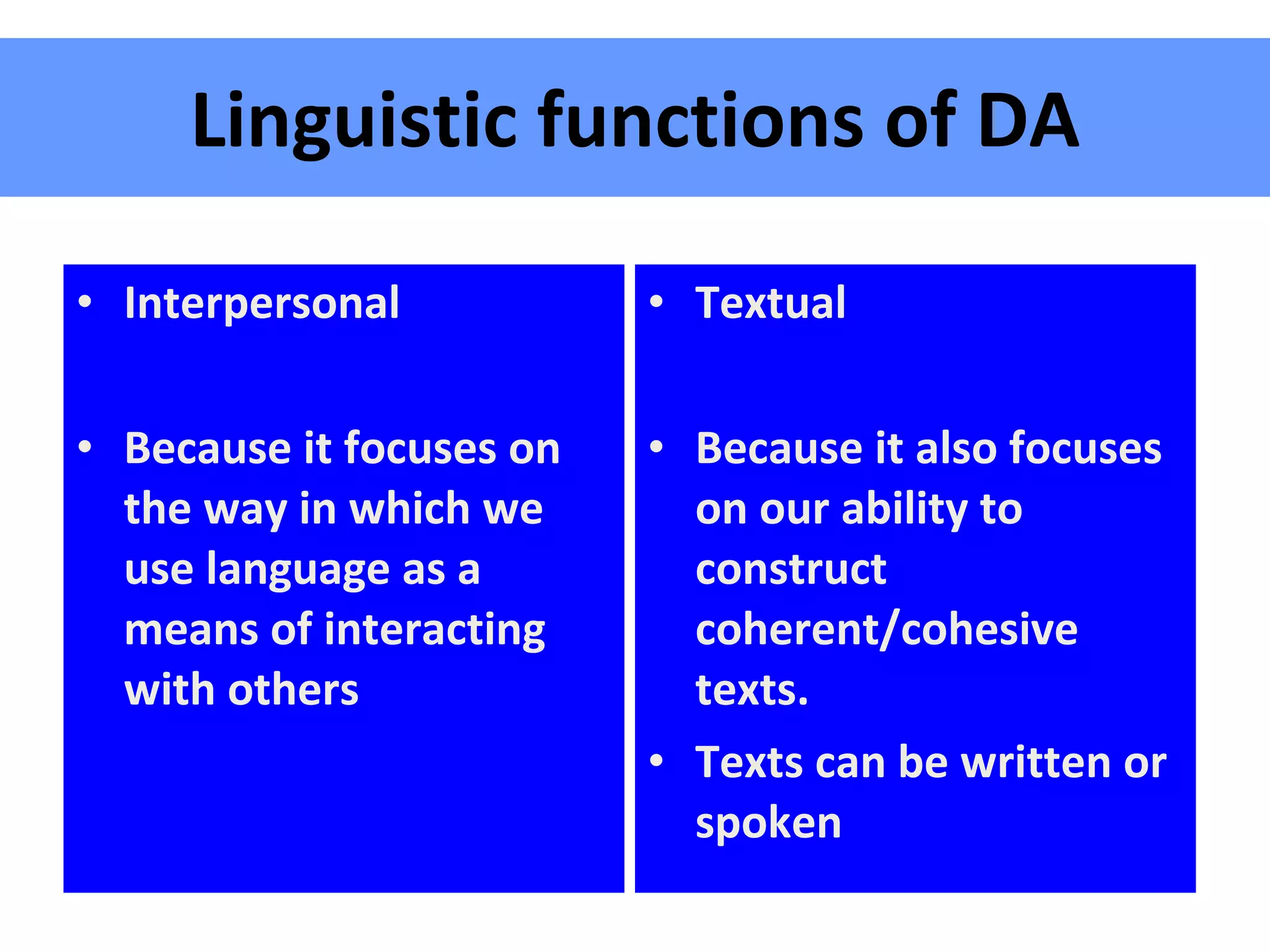 Linguistic functions of DA Interpersonal Because it focuses on the way in which we use language as a means of interacting with others Textual Because it also focuses on our ability to construct coherent/cohesive texts. Texts can be written or spoken 