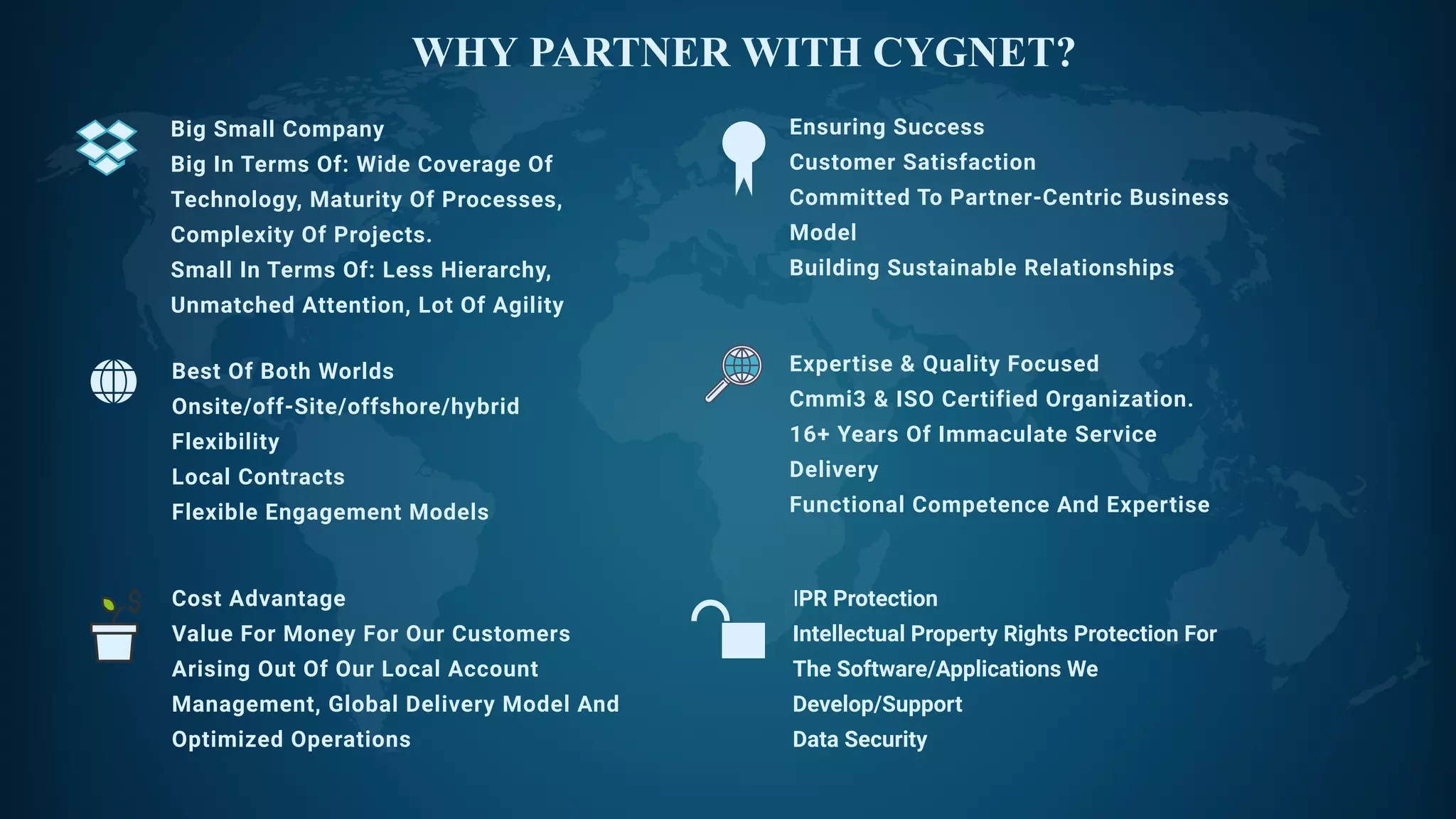 WHY PARTNER WITH CYGNET?
Big Small Company
Big In Terms Of: Wide Coverage Of
Technology, Maturity Of Processes,
Complexity Of Projects.
Small In Terms Of: Less Hierarchy,
Unmatched Attention, Lot Of Agility
Best Of Both Worlds
Onsite/off-Site/offshore/hybrid
Flexibility
Local Contracts
Flexible Engagement Models
Cost Advantage
Value For Money For Our Customers
Arising Out Of Our Local Account
Management, Global Delivery Model And
Optimized Operations
Ensuring Success
Customer Satisfaction
Committed To Partner-Centric Business
Model
Building Sustainable Relationships
Expertise & Quality Focused
Cmmi3 & ISO Certified Organization.
16+ Years Of Immaculate Service
Delivery
Functional Competence And Expertise 
IPR Protection
Intellectual Property Rights Protection For
The Software/Applications We
Develop/Support
Data Security
 