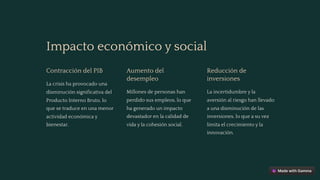 Impacto económico y social
Contracción del PIB
La crisis ha provocado una
disminución significativa del
Producto Interno Bruto, lo
que se traduce en una menor
actividad económica y
bienestar.
Aumento del
desempleo
Millones de personas han
perdido sus empleos, lo que
ha generado un impacto
devastador en la calidad de
vida y la cohesión social.
Reducción de
inversiones
La incertidumbre y la
aversión al riesgo han llevado
a una disminución de las
inversiones, lo que a su vez
limita el crecimiento y la
innovación.
 