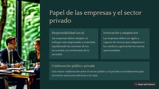 Papel de las empresas y el sector
privado
Responsabilidad social
Las empresas deben adoptar un
enfoque más responsable y sostenible,
equilibrando los intereses de los
accionistas con el bienestar de la
sociedad.
Innovación y adaptación
Las empresas deben ser ágiles y
capaces de innovar para adaptarse a
los cambios y aprovechar las nuevas
oportunidades.
Colaboración público-privada
Una mayor colaboración entre el sector público y el privado es fundamental para
encontrar soluciones efectivas a la crisis.
 