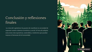 Conclusión y reflexiones
finales
La crisis del capitalismo ha puesto de manifiesto la necesidad de
repensar nuestro sistema económico y social. Es hora de adoptar
soluciones más equitativas, sostenibles y resilientes que puedan
mejorar el bienestar de la humanidad.
 