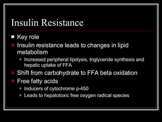Insulin Resistance Key role Insulin resistance leads to changes in lipid metabolism  Increased peripheral lipolysis, triglyceride synthesis and hepatic uptake of FFA Shift from carbohydrate to FFA beta oxidation Free fatty acids Inducers of cytochrome p-450 Leads to hepatotoxic free oxygen radical species 