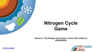 Nitrogen Cycle
Game
Based on “The Nitrogen Cycle Game” Lesson Plan written by
UCAR/NESTA
Link to Lesson
 