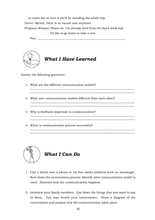 16
to count her in even if she’ll be standing the whole trip.
Driver: Ma’am, there is no vacant seat anymore.
Pregnant Woman: Please sir, I’m already tired from the day’s work and
I’d like to go home to take a rest.
You: _____________________________________________________________.
What I Have Learned
Answer the following questions:
1. What are the different communication models?
_________________________________________________________________________
_________________________________________________________________________
2. What sets communication models different from each other?
_________________________________________________________________________
_________________________________________________________________________
3. Why is feedback important in communication?
_________________________________________________________________________
_________________________________________________________________________
4. When is communication process successful?
_________________________________________________________________________
_________________________________________________________________________
What I Can Do
1. Call a friend over a phone or via free media platform such as messenger.
Note down the conversation process. Identify what communication model is
used. Illustrate how the communication happens.
2. Interview your family members. List down the things that you want to ask
to them. You may record your conversation. Draw a diagram of the
conversation and analyze how the communication takes place.
 