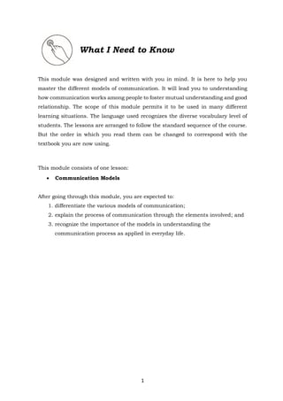 1
This module was designed and written with you in mind. It is here to help you
master the different models of communication. It will lead you to understanding
how communication works among people to foster mutual understanding and good
relationship. The scope of this module permits it to be used in many different
learning situations. The language used recognizes the diverse vocabulary level of
students. The lessons are arranged to follow the standard sequence of the course.
But the order in which you read them can be changed to correspond with the
textbook you are now using.
This module consists of one lesson:
• Communication Models
After going through this module, you are expected to:
1. differentiate the various models of communication;
2. explain the process of communication through the elements involved; and
3. recognize the importance of the models in understanding the
communication process as applied in everyday life.
What I Need to Know
 