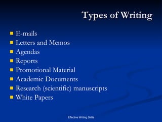 Types of Writing E-mails Letters and Memos Agendas Reports Promotional Material Academic Documents Research (scientific) manuscripts White Papers  