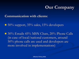 Our Company Communication with clients: 50% support, 35% sales, 15% developers  30% Emails 45% MSN Chats, 20% Phone Calls (in case of local/national customers, around 50% phone calls are used and developers are more involved in implementations) 