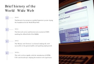 Brief his tory of the
World Wide Web
1
19 8 9
Tim Berners- Lee proposes a global hypertext system, laying
the foundation for the World Wide Web.
2
19 9 1
The first web server and browser are created at CERN,
marking the official birth of the WWW.
3 19 9 3
The Mosaic web browser is released, making the web
accessible to the general public and sparking rapid growth.
4
19 9 0 s
The web evolves rapidly, with the introduction of HTML,
CSS, and JavaScript, shaping the modern web experience.
 