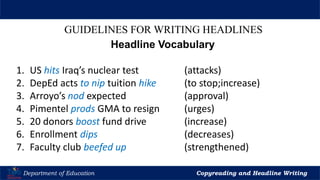 Let’s Play
Department of Education Copyreading and Headline Writing
GUIDELINES FOR WRITING HEADLINES
Headline Vocabulary
1. US hits Iraq’s nuclear test (attacks)
2. DepEd acts to nip tuition hike (to stop;increase)
3. Arroyo’s nod expected (approval)
4. Pimentel prods GMA to resign (urges)
5. 20 donors boost fund drive (increase)
6. Enrollment dips (decreases)
7. Faculty club beefed up (strengthened)
 